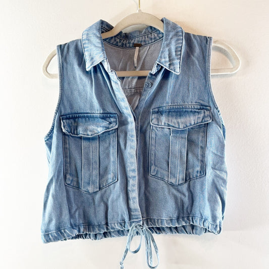 Young Fabulous & Broke Sleeveless Cropped Boxy Denim Shirt Vest Jacket Blue XS