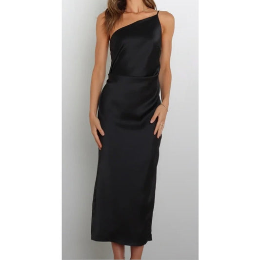 Petal & Pup Satin Asymmetrical One Shoulder Cocktail Maxi Dress Black 2
