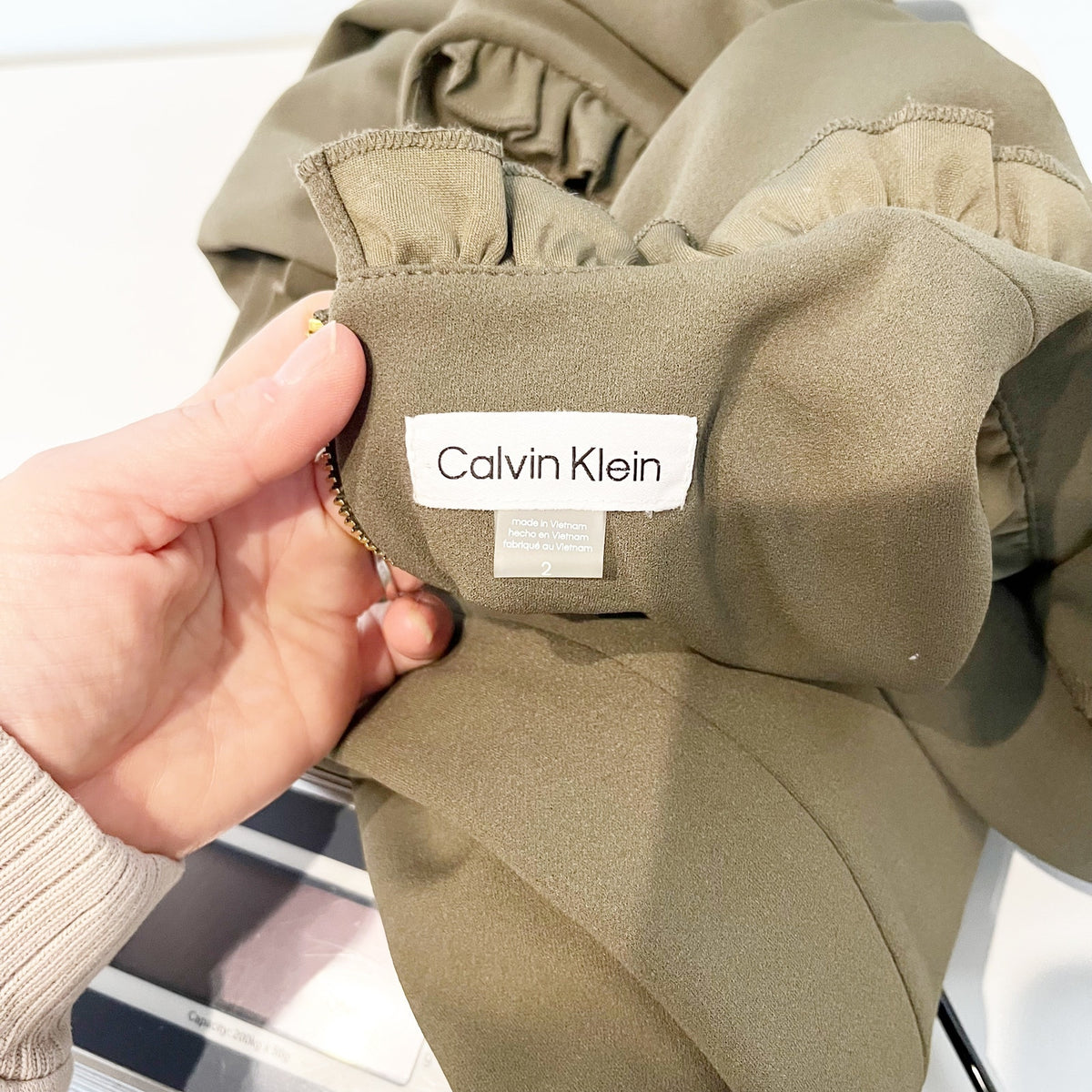 Calvin Klein Ruffle V-Neck Belted Wide Leg Cropped Jumpsuit Olive Green 2