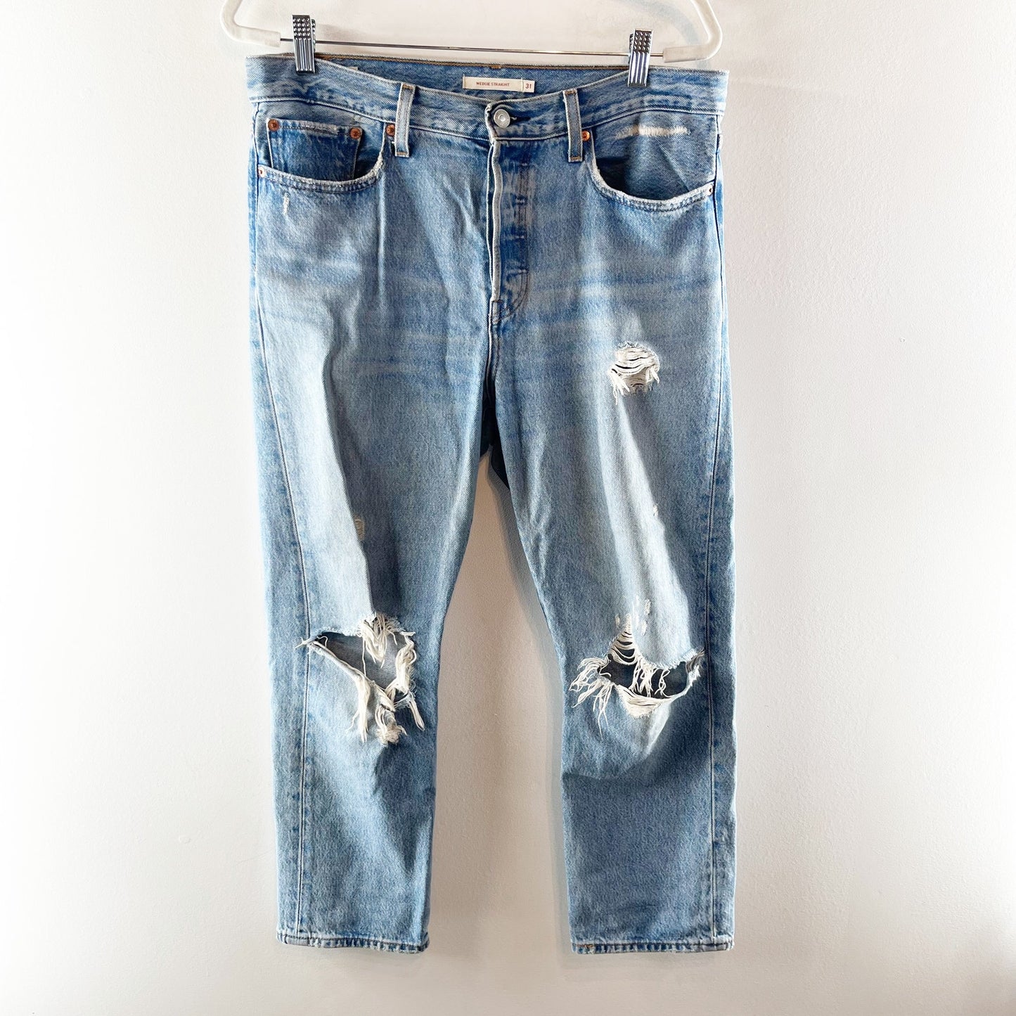 Levi's Premium Wedgie High-Rise Distressed Straight Ankle Jeans Blue 31