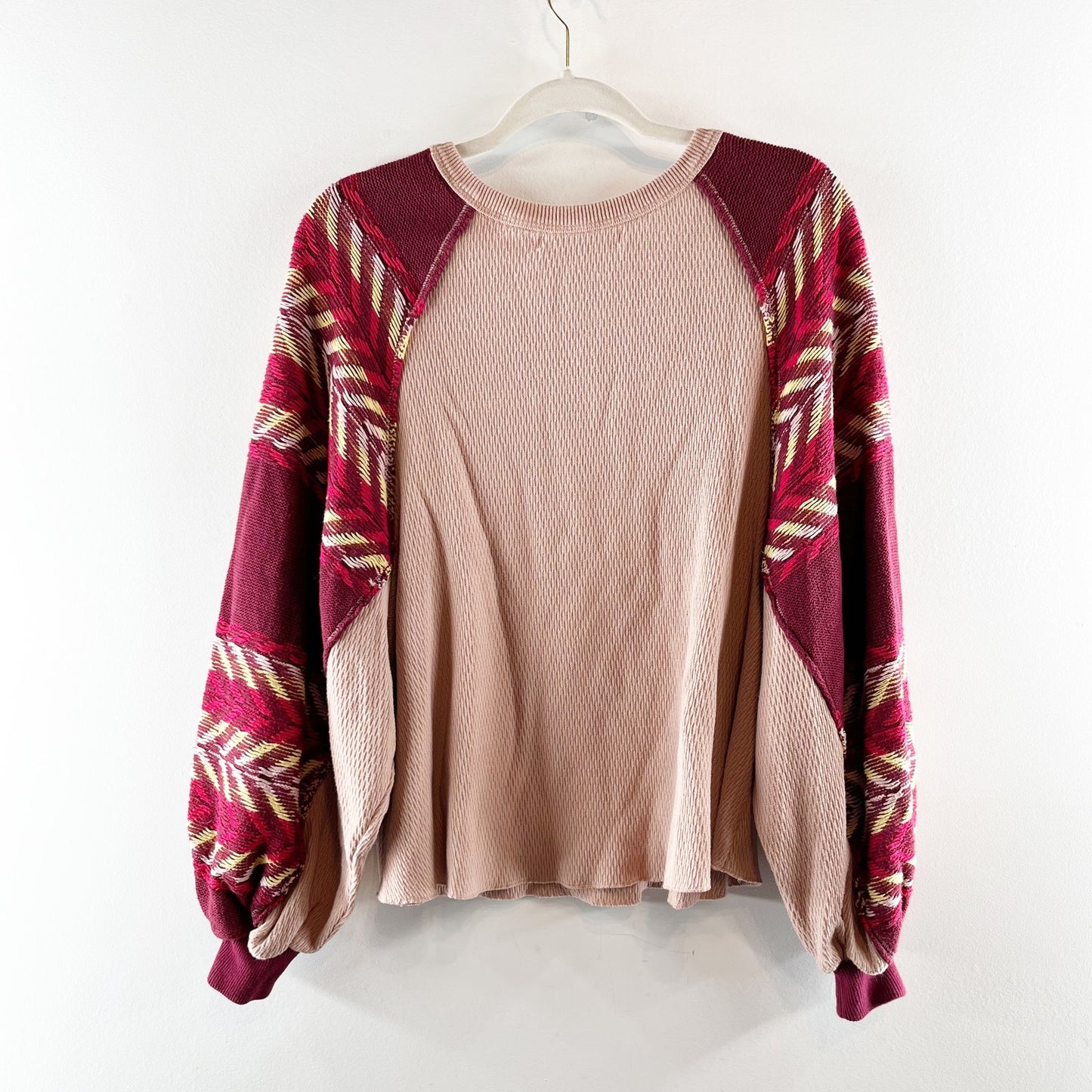 Free People Rainbow Dreams Long Bubble Sleeve Thermal Sweater Tan Pink Red XS