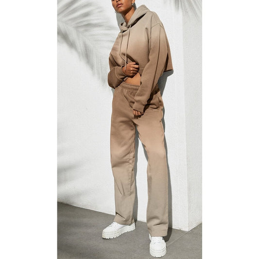 Alo Yoga Ombre Bae Cropped Hoodie Wide Leg Sweatpants Set Sandstorm Tan Small