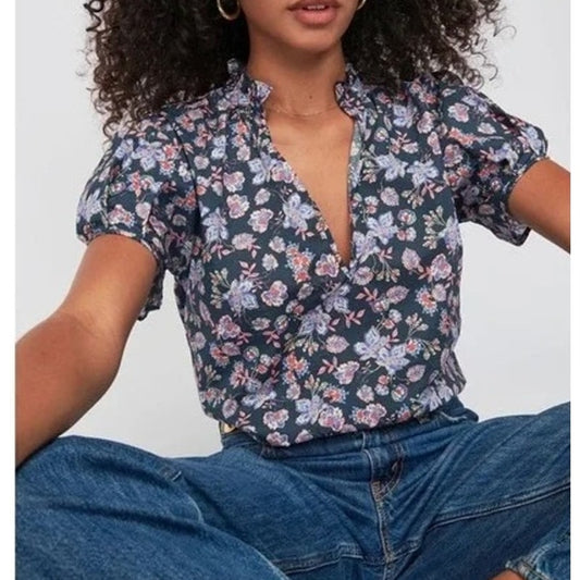 Nation LTD Rosanna Floral Print Puff Sleeve Blouse in Midsummer Blue Small