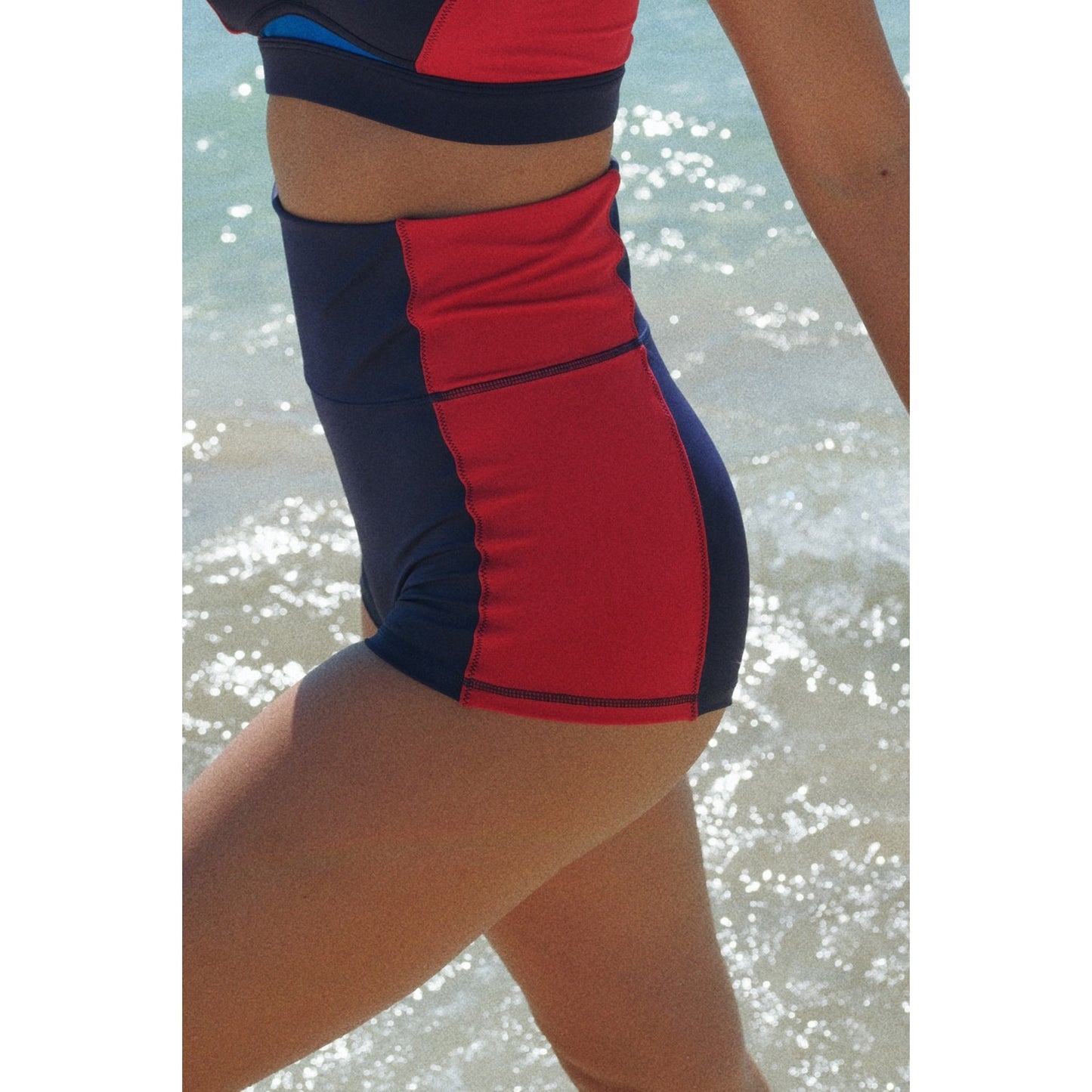 Fabletics Gabriella Swim Top and High Waisted Swim Shorts Navy Blue Red 1X