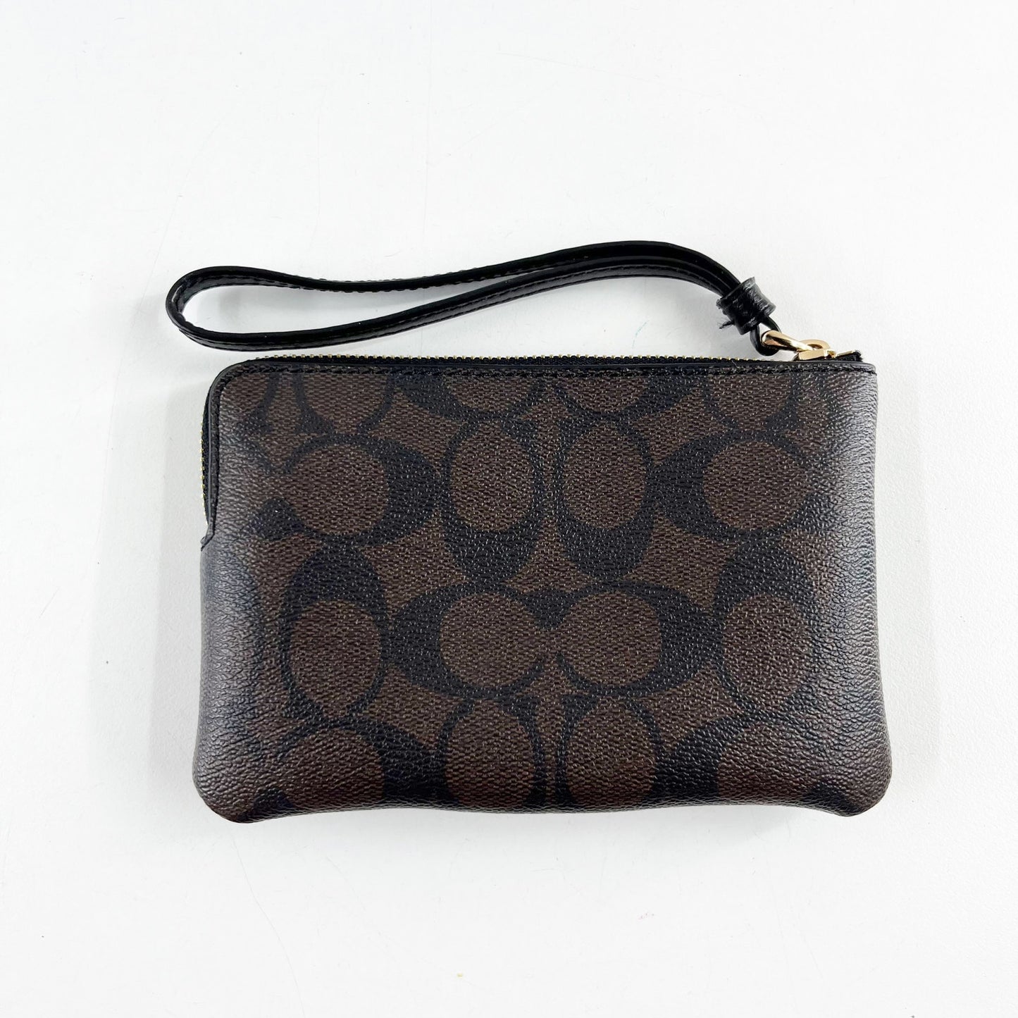 Coach Signature C Logo Zip Square Canvas Wallet Wristlet Brown Black