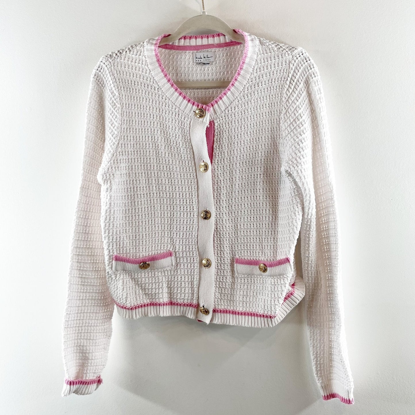 Nicole Miller Long Sleeve Cotton Button Up Cardigan Sweater White Pink Medium