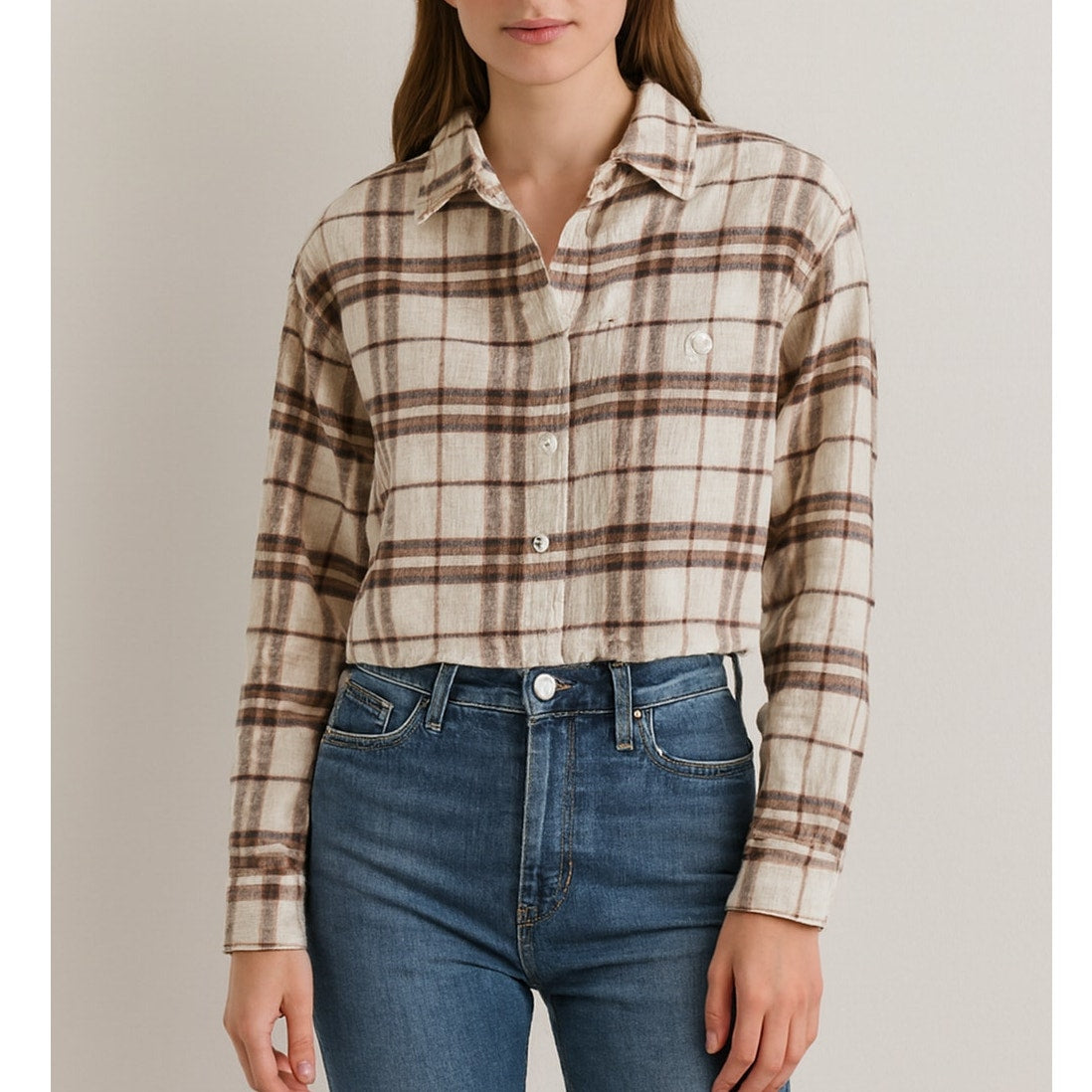 American Eagle Cozy Cabin Cropped Flannel Button-Up Shirt Brown White Medium