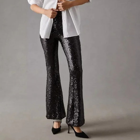 Anthropologie The Joni Sequin Flare Leg Pants Black 4 NWT