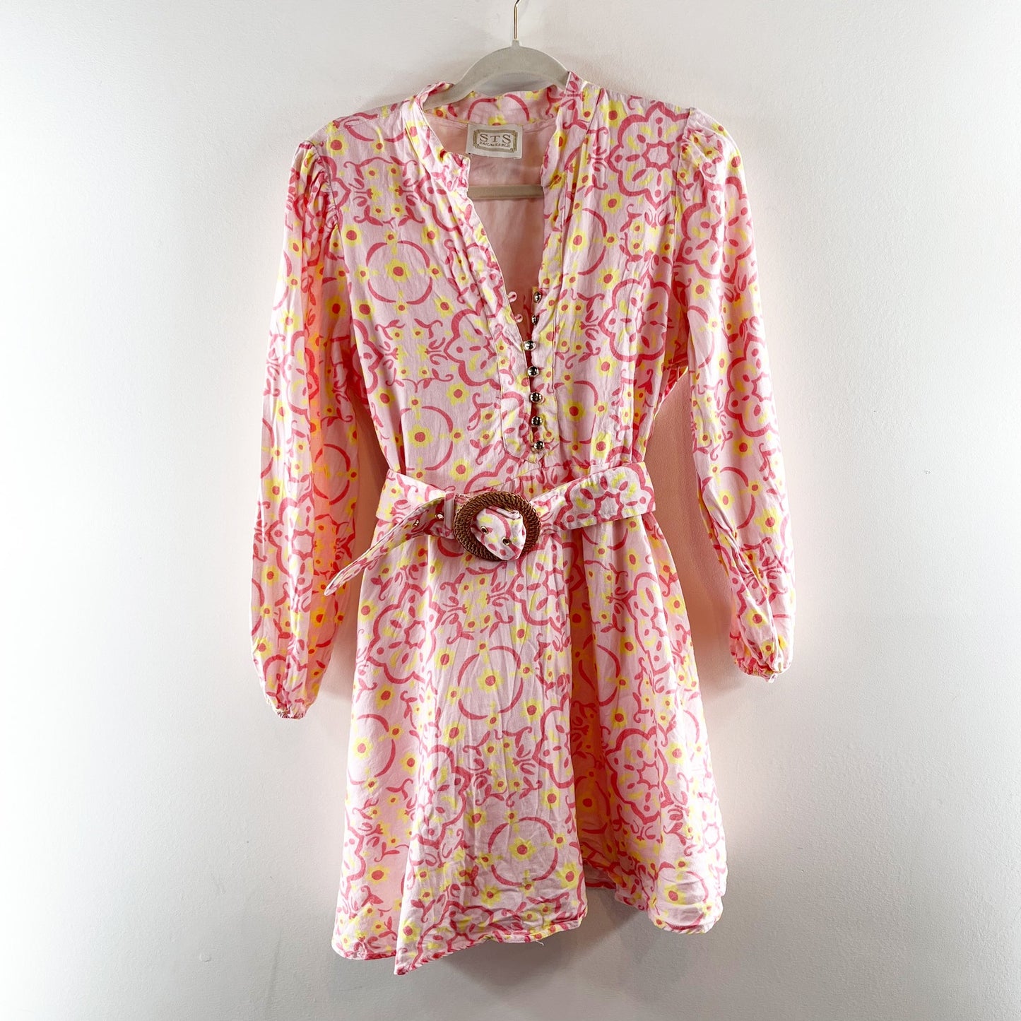 Sail to Sable Long Sleeve Belted Tunic Mini Dress Blush Medallion Print Peach S