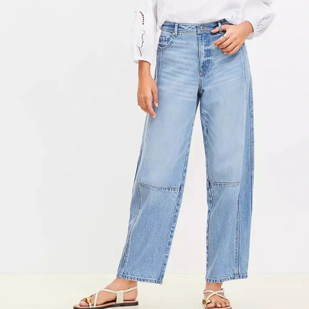 Loft Cotton Blend High Rise Denim Barrel Jeans Light Vintage Indigo Wash 28 / 6