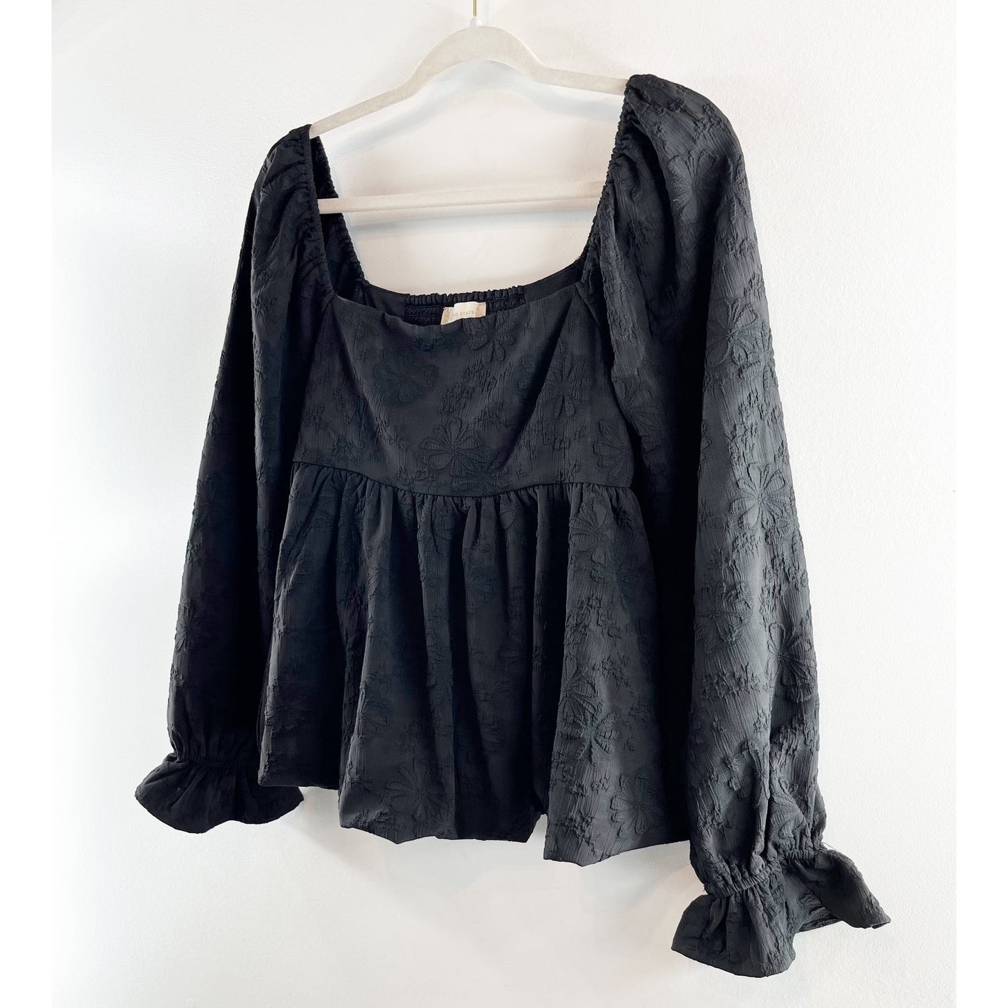 Altar'd State Babydoll Floral Square Neck Long Sleeve Bubble Hem Top Black Small