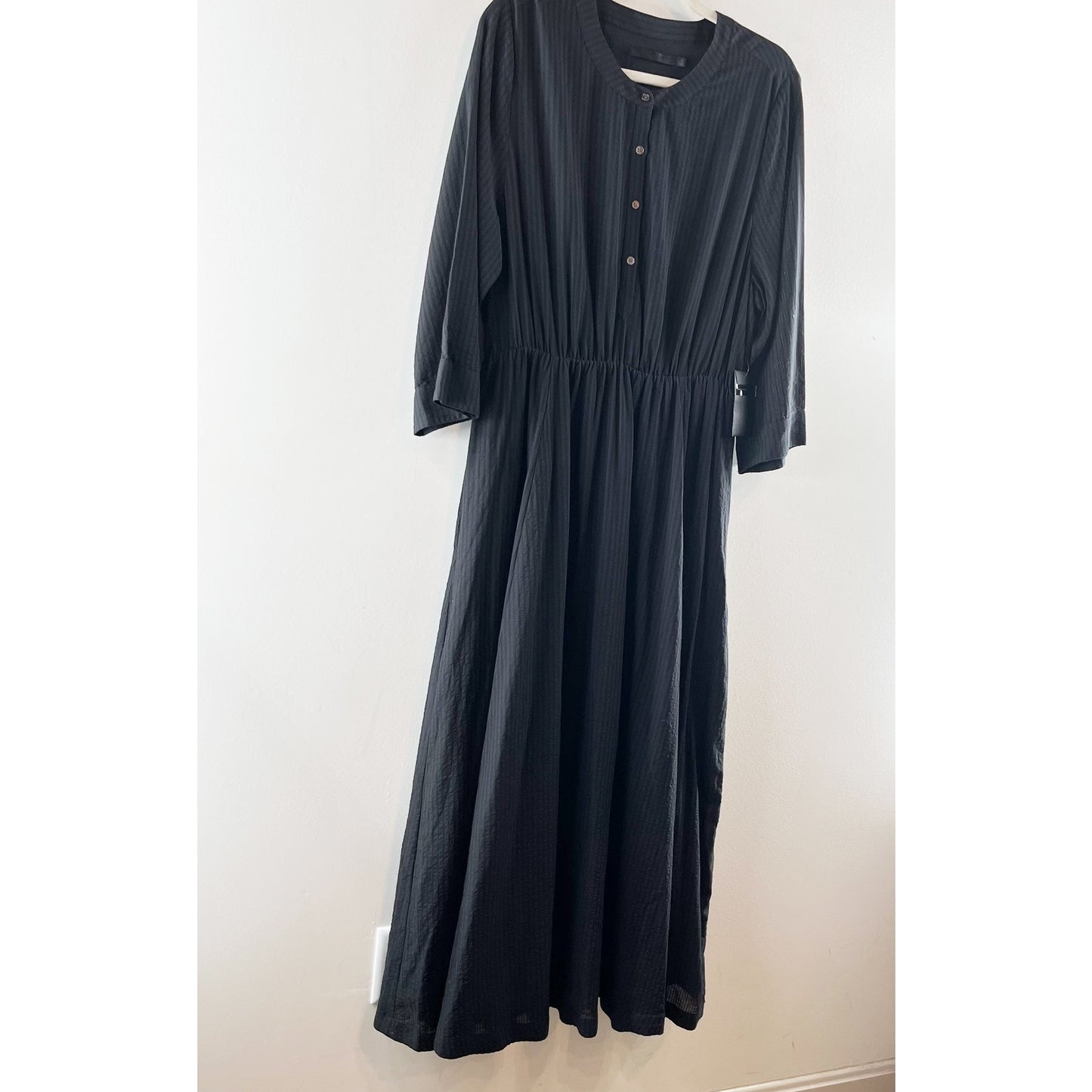 Jenni Kayne Cotton Blend Seersucker Striped 3/4 Sleeve Midi Shirt Dress Black XL