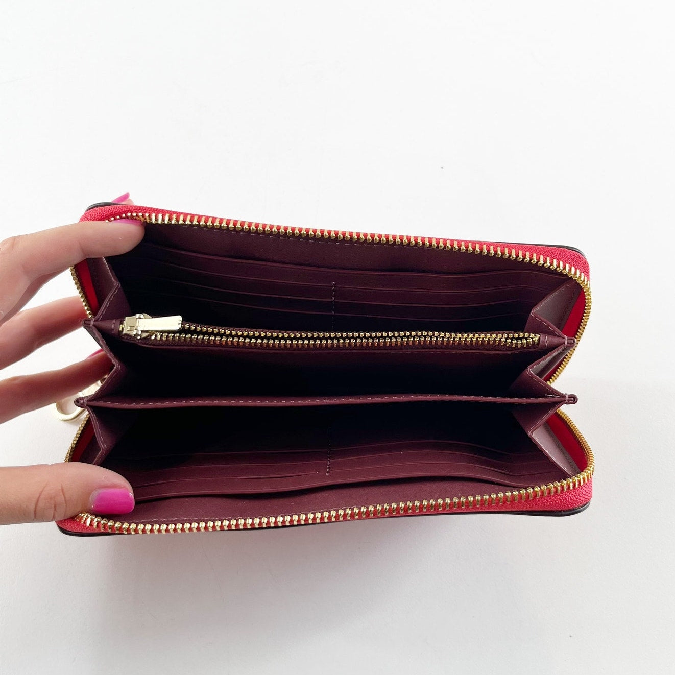 Coach Monogram Logo Zip Around Long Wallet Signature Red Leather