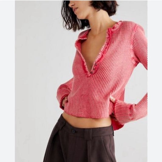 Free People Colt Thermal Waffle Long Sleeve Henley Top Red Pink XS