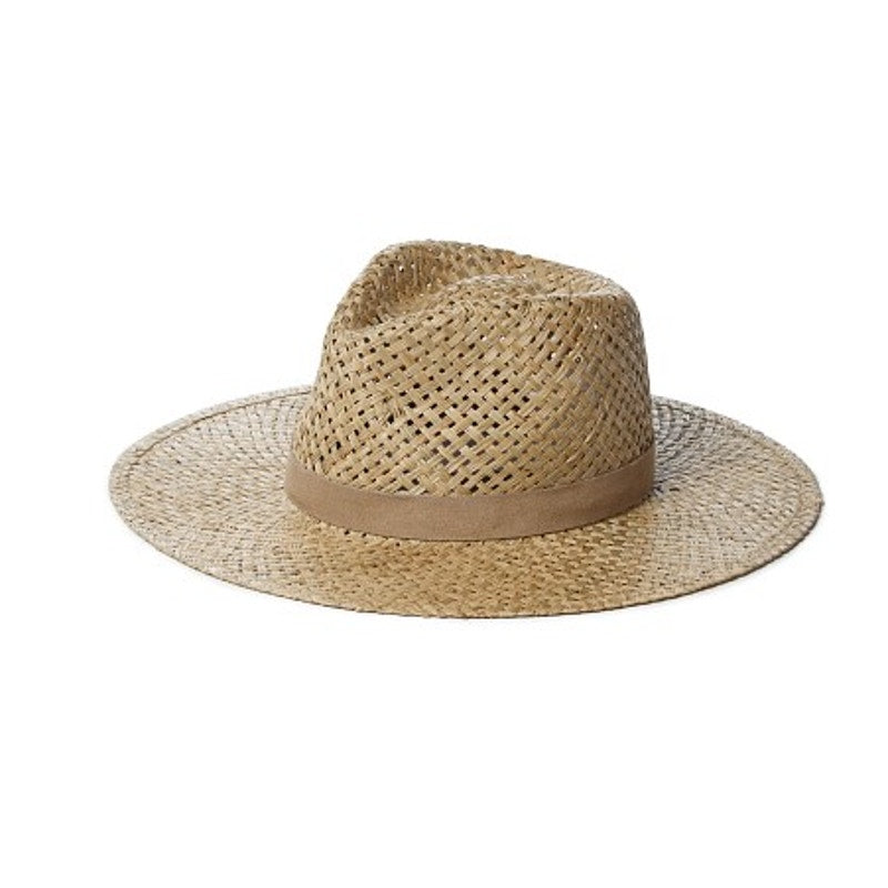 Janessa Leone 100% Natural Seagrass Straw Wide Brim Fedora Sun Hat Beige Small
