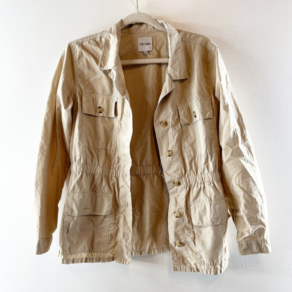 Nic + Zoe Long Sleeve Button Up Cinch Waist Cotton Poplin Jacket Khaki Tan Small