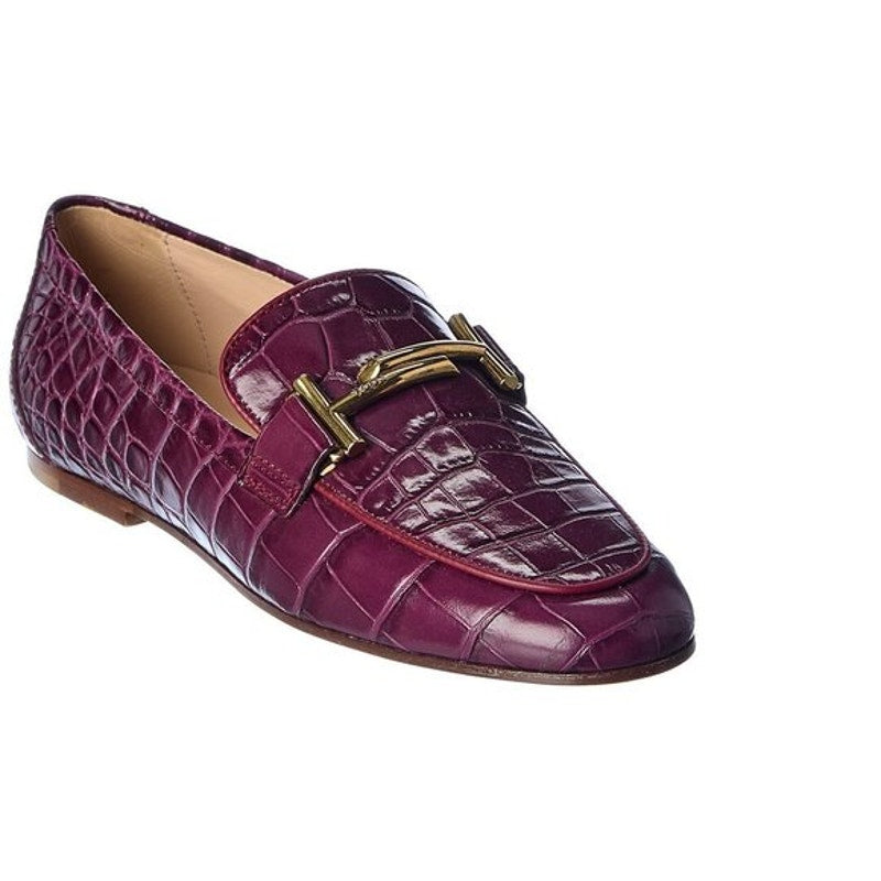 Tod's Kate Croc Embossed Leather Loafer Shoes Rosso Primitivo Maroon Red 38