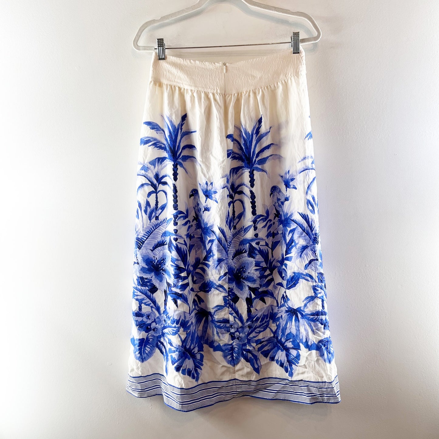 Zara Tropical Print High Waisted Tie Waist A-Line Maxi Skirt Cream Blue Medium