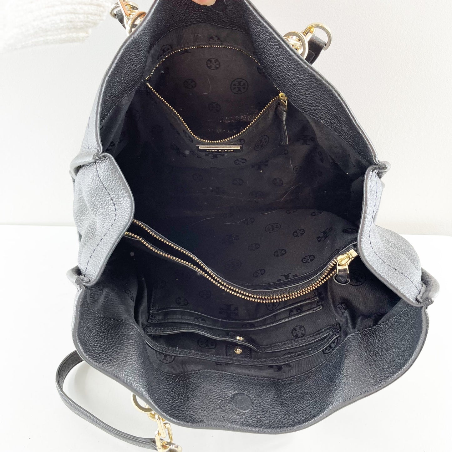 Tory Burch Britten Leather Tote Purse Bag Black Gold