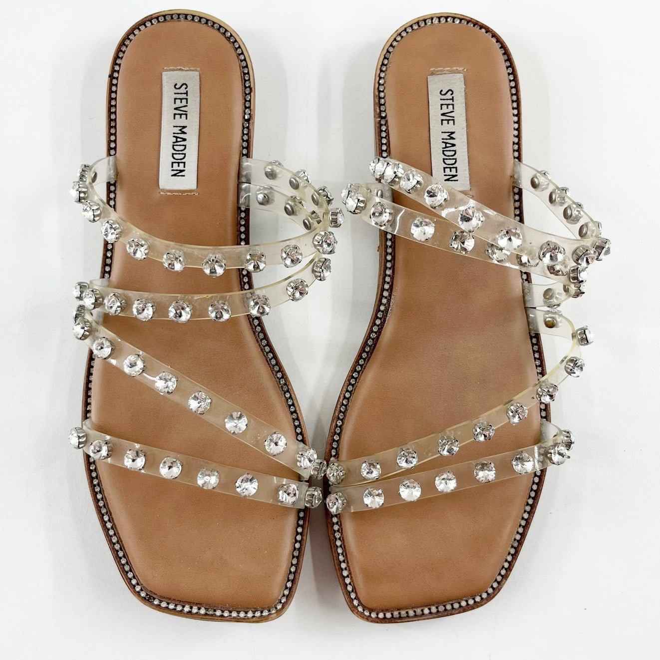 Steve Madden Skyler Embellished Rhinestone Strappy Studded Flat Sandal Clear 8.5