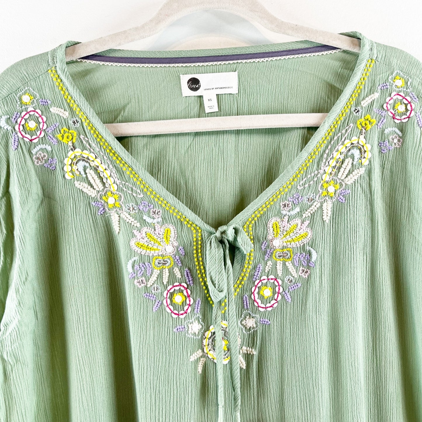 Anthropologie Floreat Persephone Embroidered Short Sleeve Top Green XS