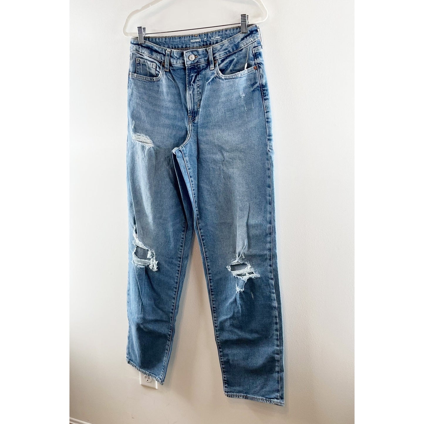 Old Navy High Rise Loose OG Secret Smooth Pockets Ripped Jeans Blue 10 Tall