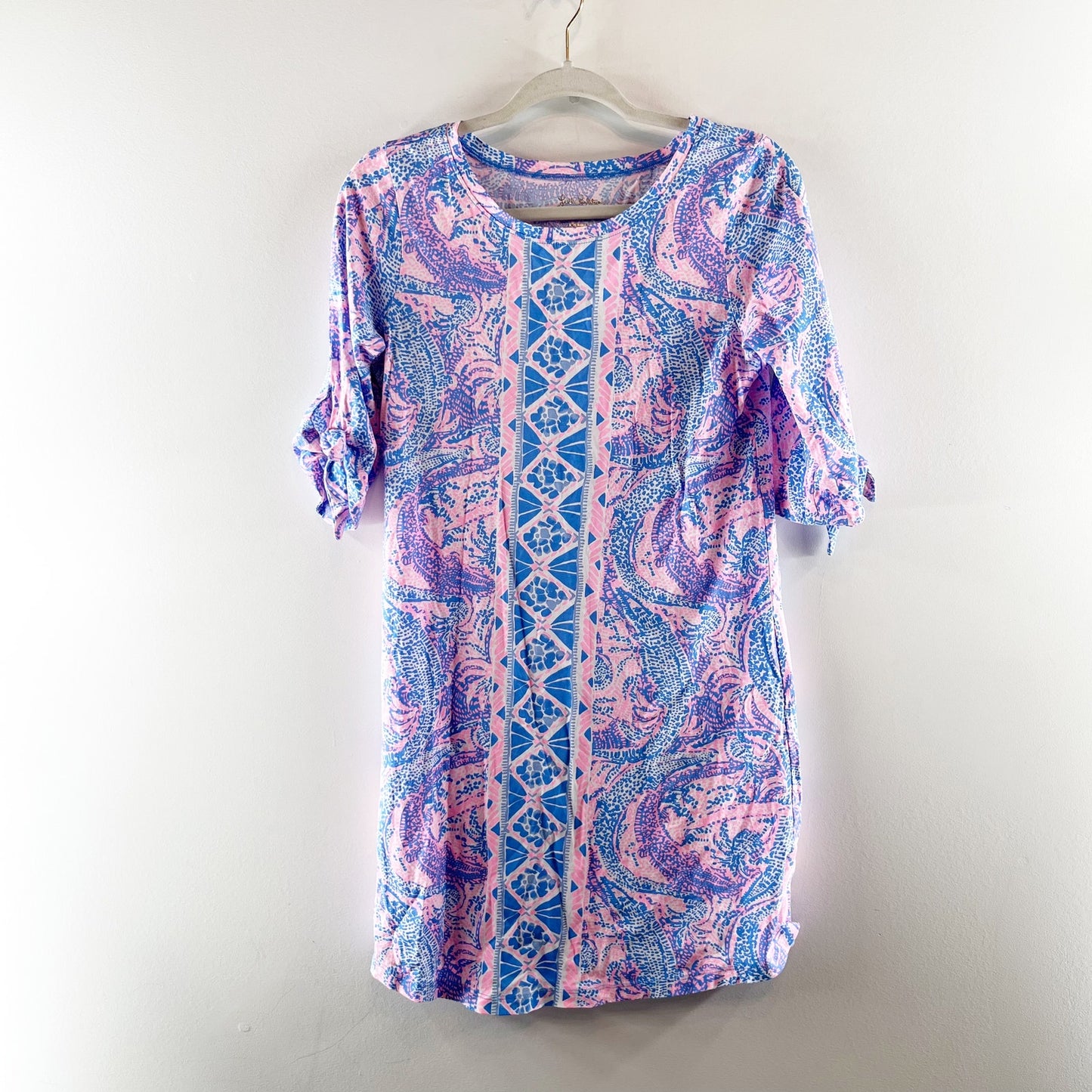Lilly Pulitzer Preston Paisley Tie Sleeve Mini Shift Dress Pink Blue Small