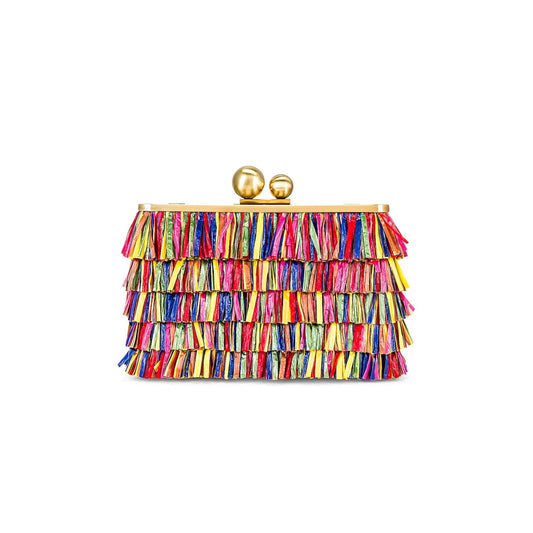 Olga Berg Carlita Carnivale Clutch Chain Crossbody Fringe Straw Bag Purse