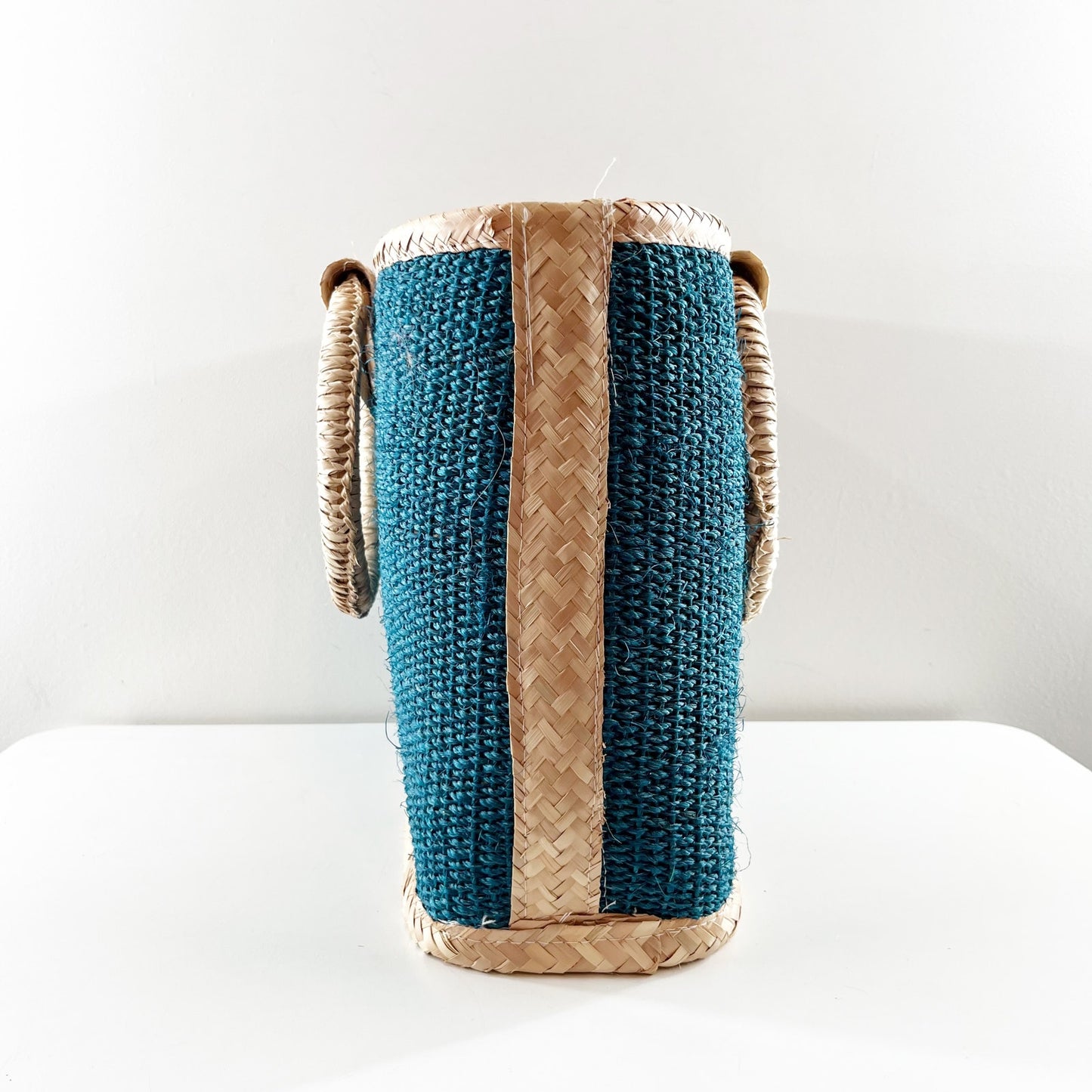 Round Double Handle Medium Straw Bucket Tote Handbag Teal Blue Beige