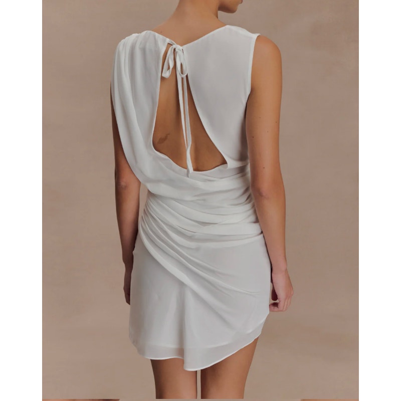 Meshki Oria Chiffon Ruched Sleeveless Mini Dress White Small