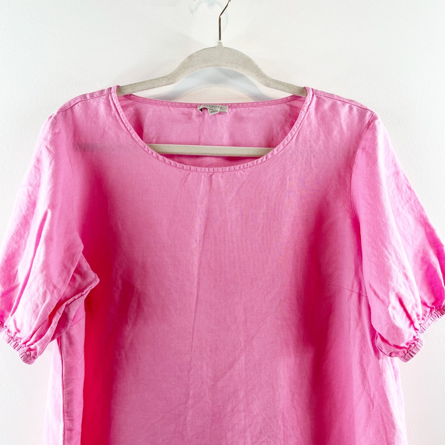 Talbots Linen Blend Short Puff Sleeve Side Slit Tee Shirt Blouse Top Pink Medium