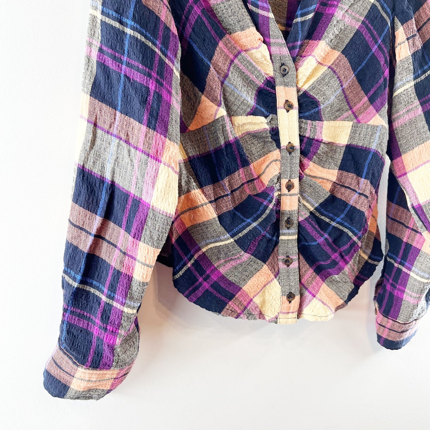 Anthropologie Pilcro Ruched Deep V Plaid Buttondown Shirt Purple Medium