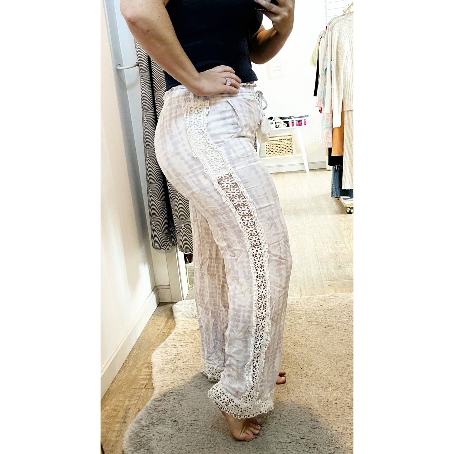 Surf Gypsy Tie Dye Smocked Drawstring Crochet Hem Wide Leg Pants White Purple