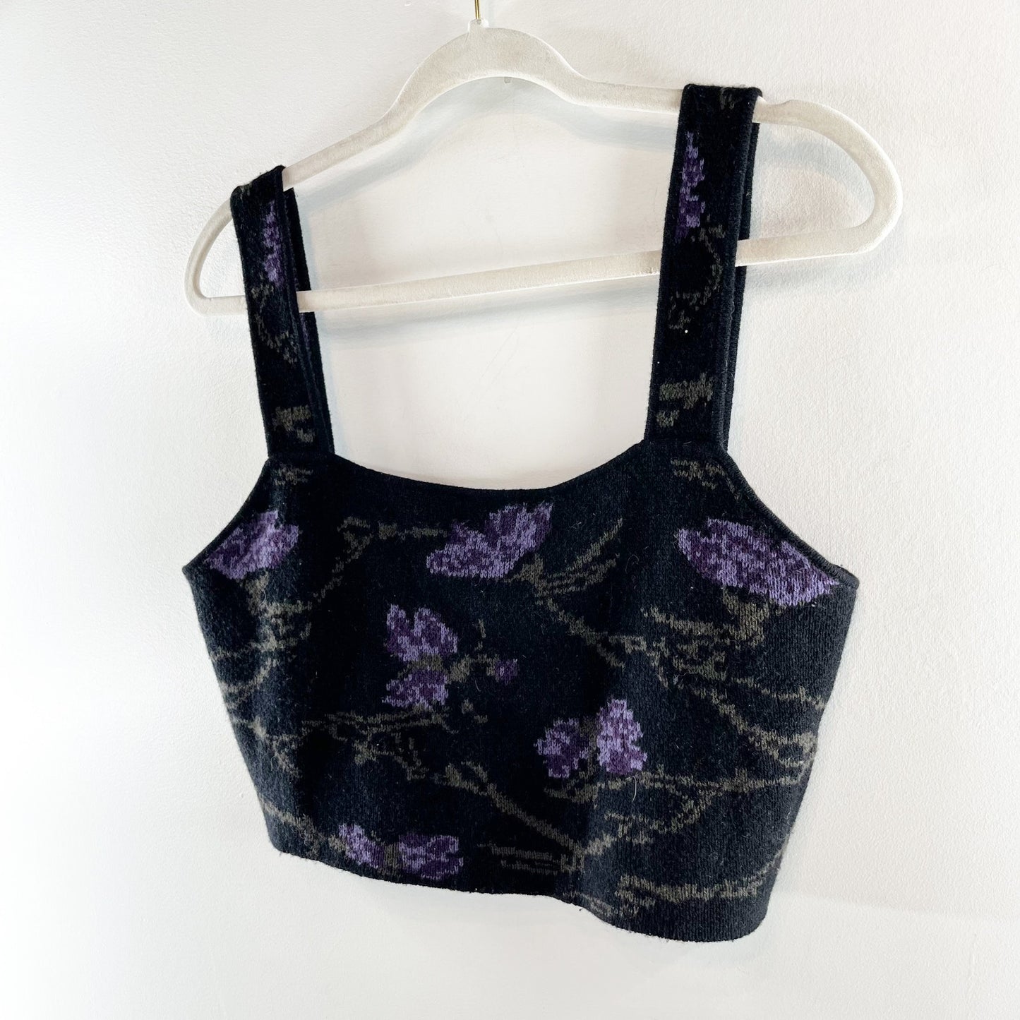 Vince Wool Cashmere Orchid Square Neck Sweater Floral Cami Crop Top Black Medium