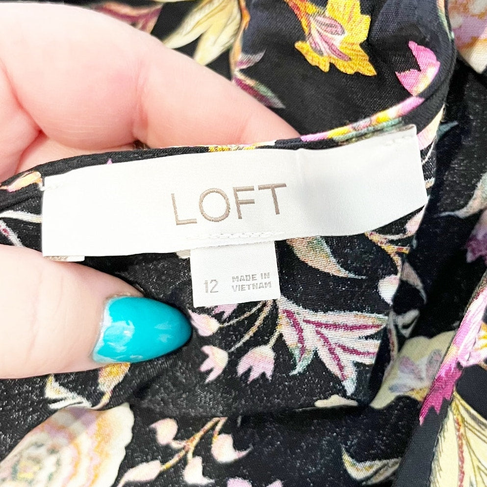LOFT Floral Print Ruffle Sleeve Side Slit Viscose Shift Midi Dress Black 12