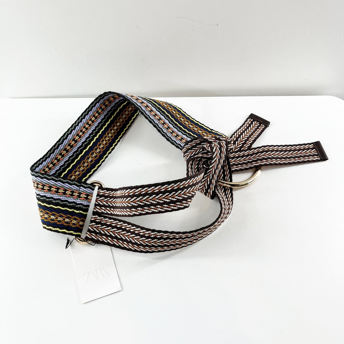 Zara Wide Striped Woven Belt with Circular Buckle Multicolor 30