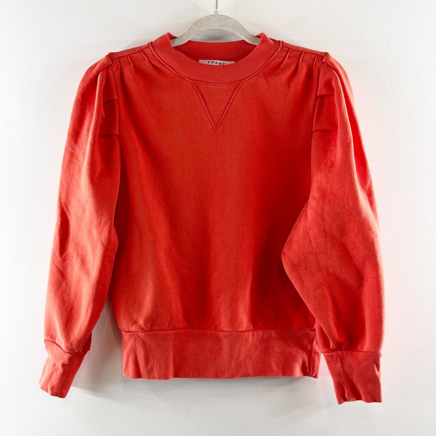 Frame Cotton Blend Shirred Puff Sleeve Crew Neck Pullover Sweatshirt Orange M