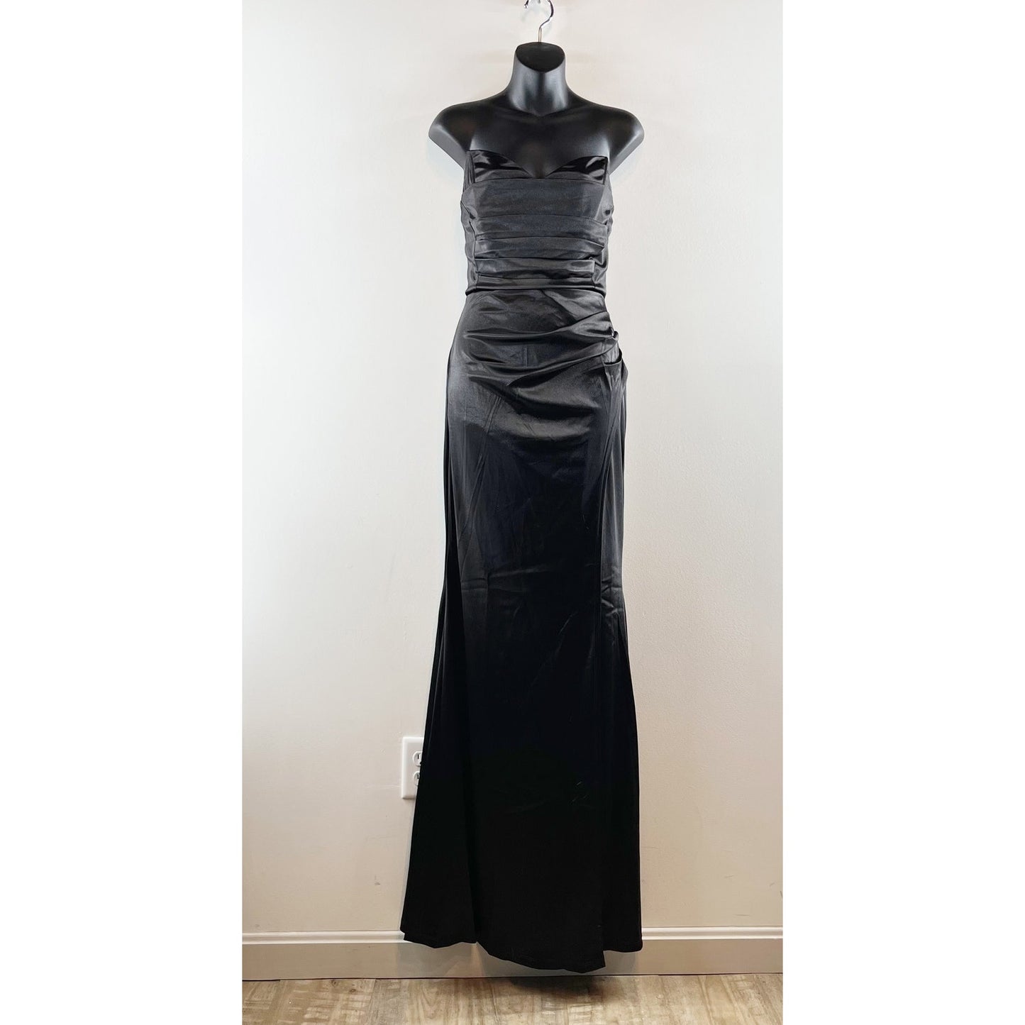 Cefian Strapless Corset High Slit Maxi Satin Gown Dress Black Large