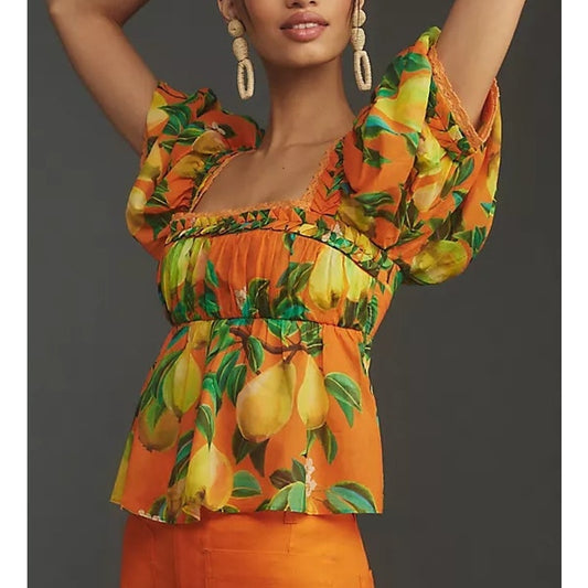 Farm Rio Chic Pears Short Sleeve Square Neck Babydoll Blouse Top Orange Medium