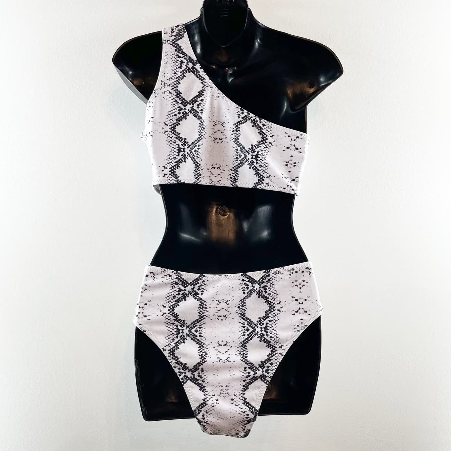 One Shoulder Snake Print Bikini White Black Two Piece Swimsuit Large