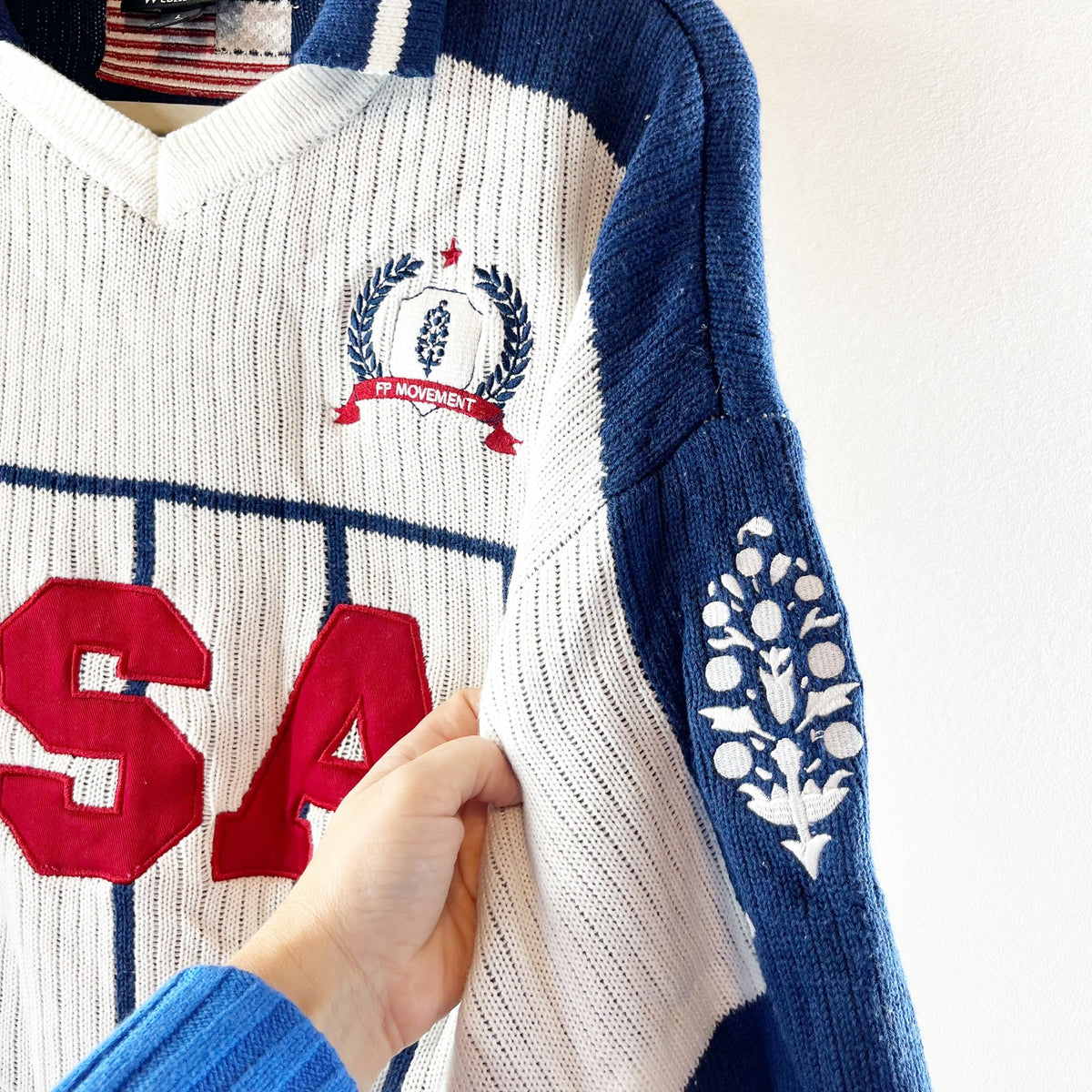 FP Movement Match Day USA Crochet Sweater Polo Jersey Red White Blue Large