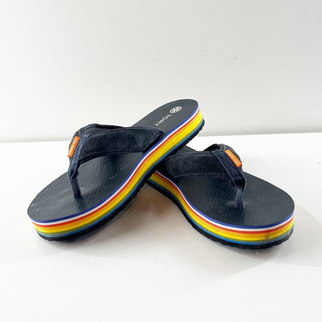 Tory Burch 70's Suede Thong Platform Flip Flop Sandal Perfect Navy Blue 9