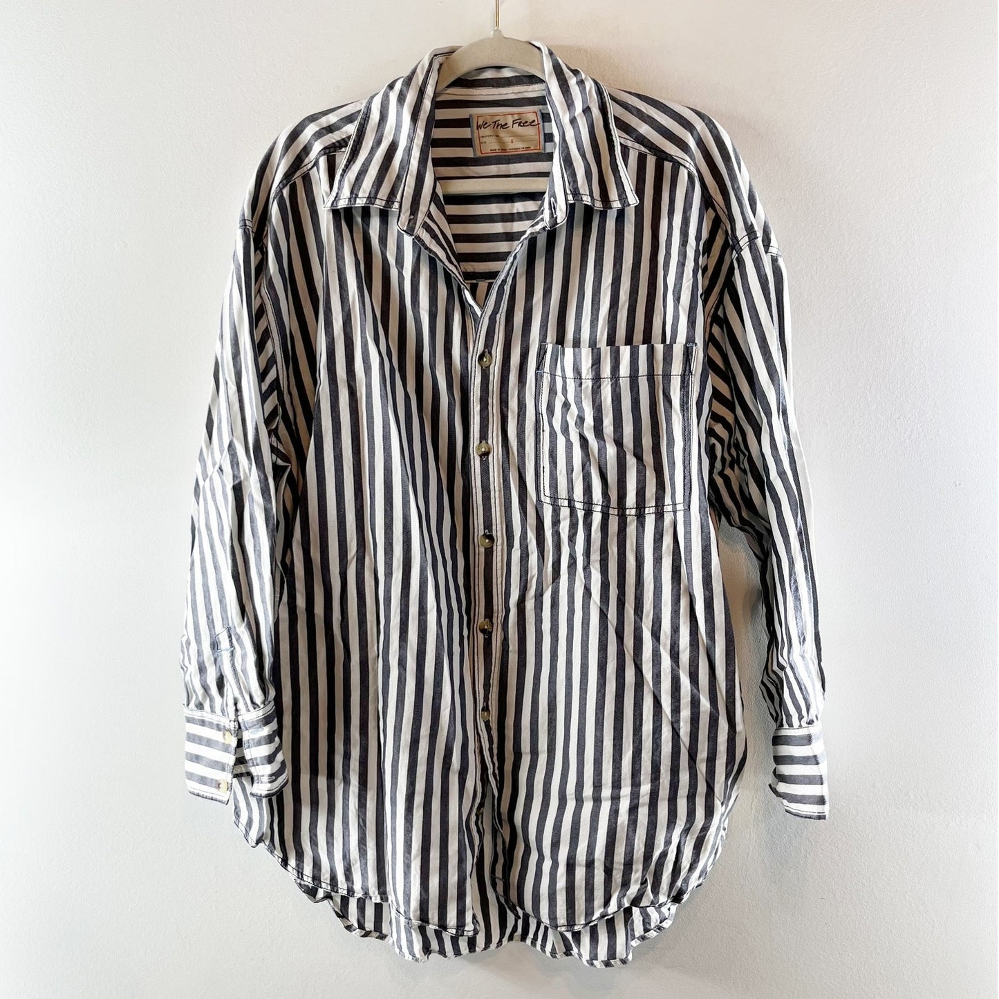 Free People Freddie Oversized Cotton Striped Button Down Shirt Blue White Small