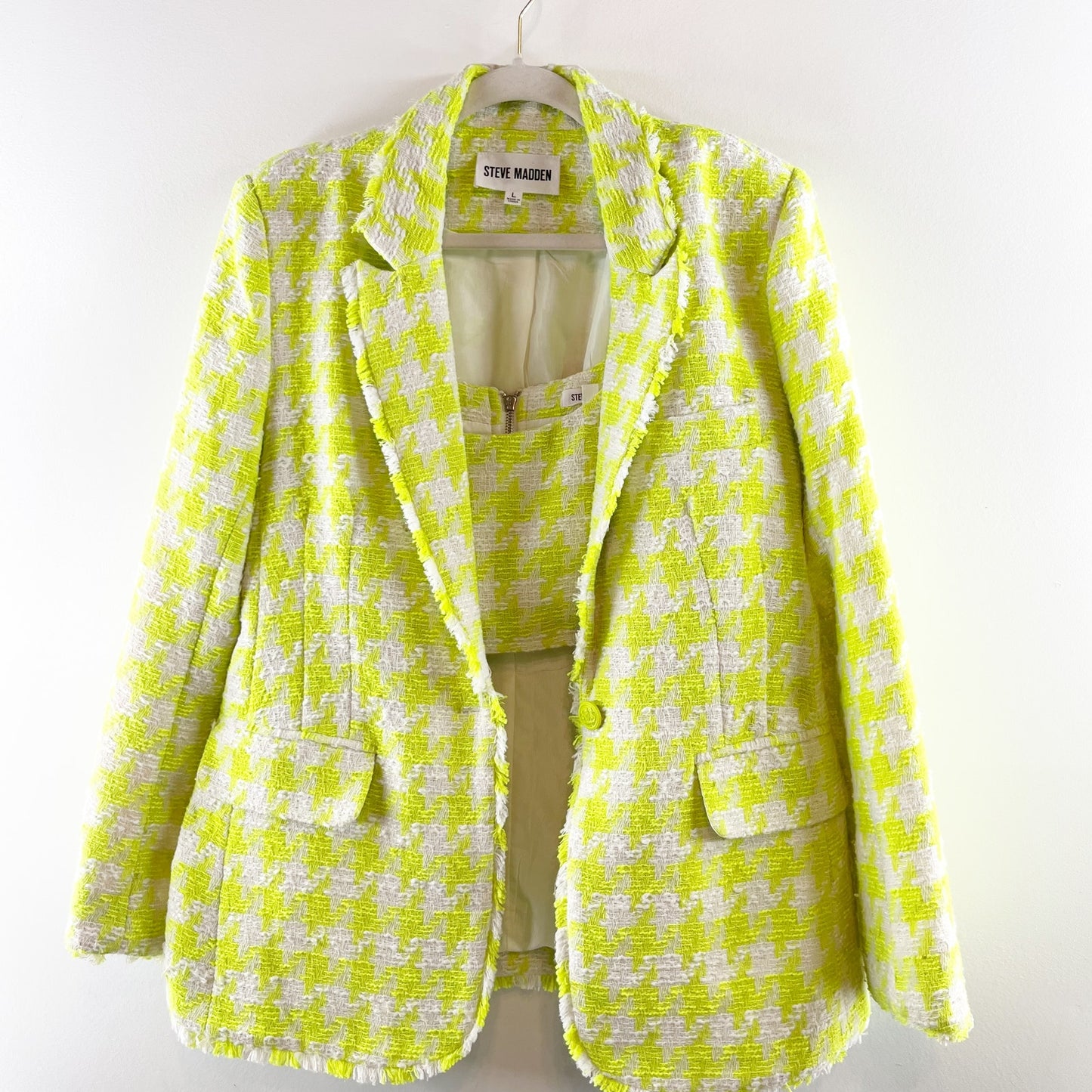 Steve Madden Houndstooth Tweed Layla Crop Tank Top & Harlow Blazer Set Lime L