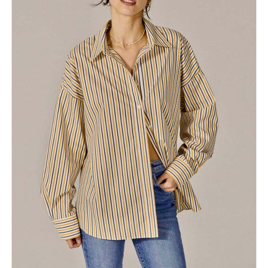 Favorite Daughter The Ex-Boyfriend Striped Button Down Shirt Yellow Blue Large