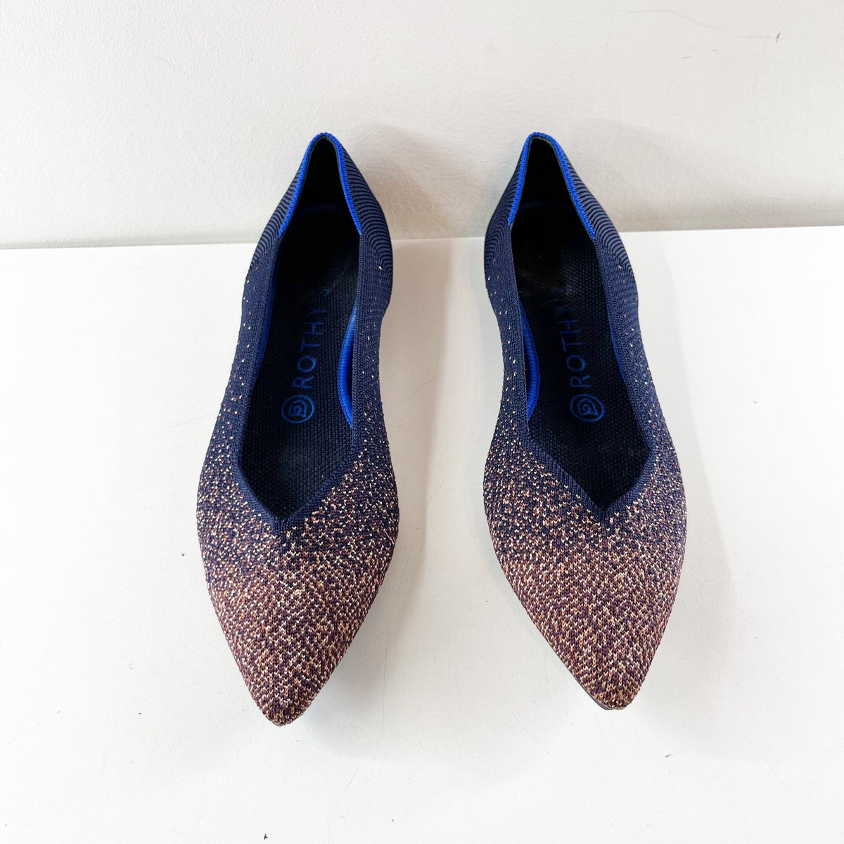 Rothy's Ombre Knit The Point Slip On Flat Shoes Midnight Blue Metallic 8.5