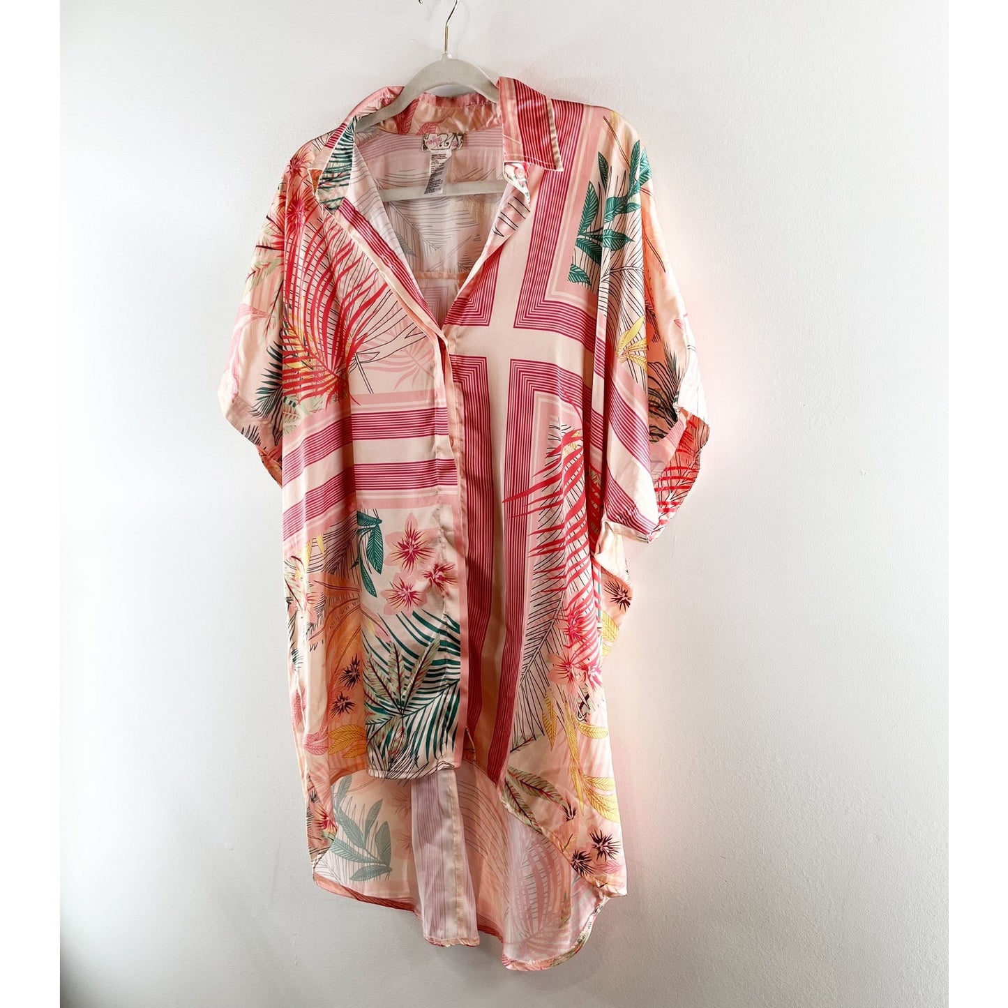 Free People Short Sleeve Button Up Tropical Tunic Blouse Pink One Size