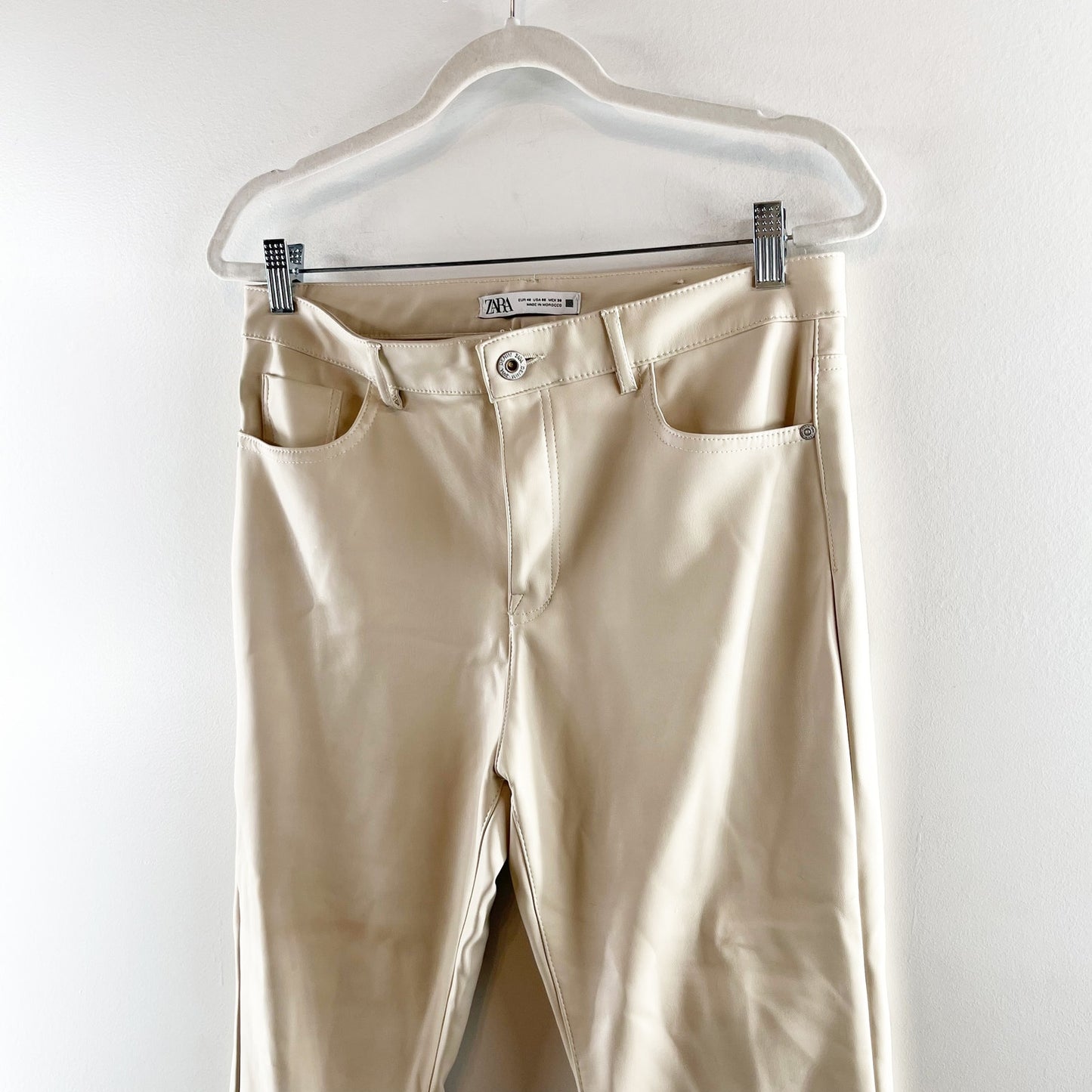 ZARA High Rise Faux Leather Cropped Boot Flare Pants Cream 6