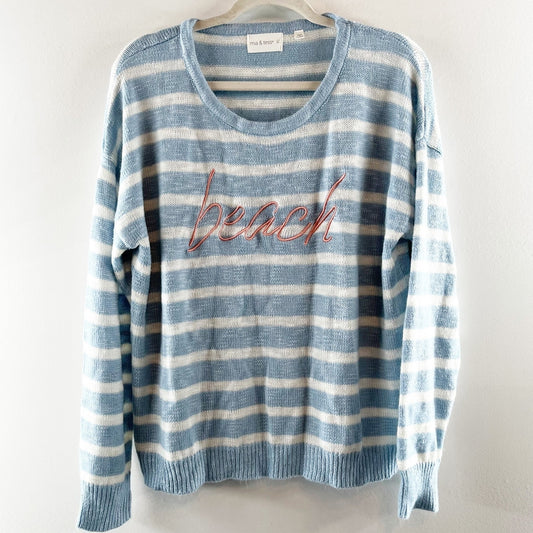 Mia & Tess Striped Crewneck Long Sleeve Embroidered Beach Sweater Blue XL