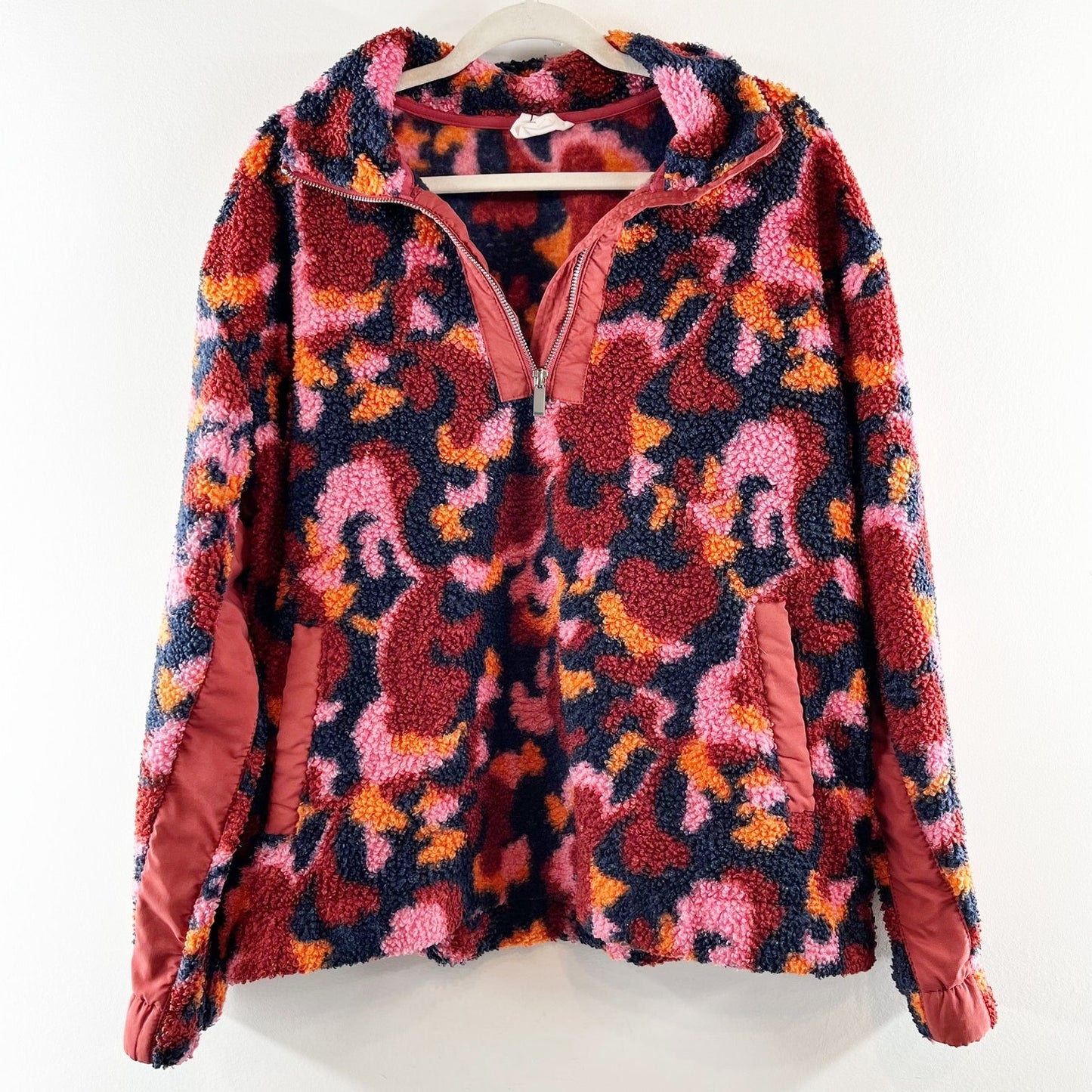 SAGE Collective Long Sleeve Fleece Sherpa Pullover 1/4 Zip Jacket Pink Red Large